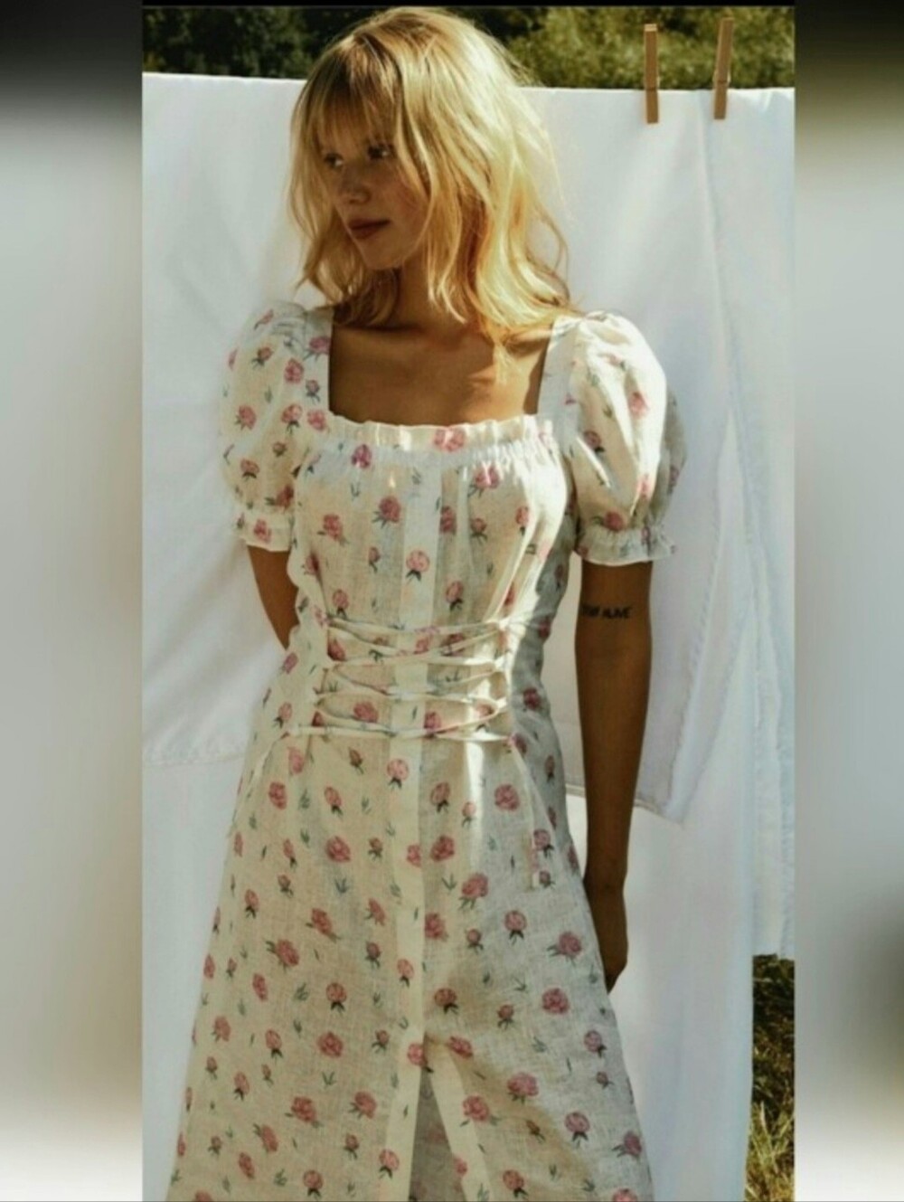 Sleeper Marquise Linen Dress Roses XS Romantic Corset Square Neckline Midi XS